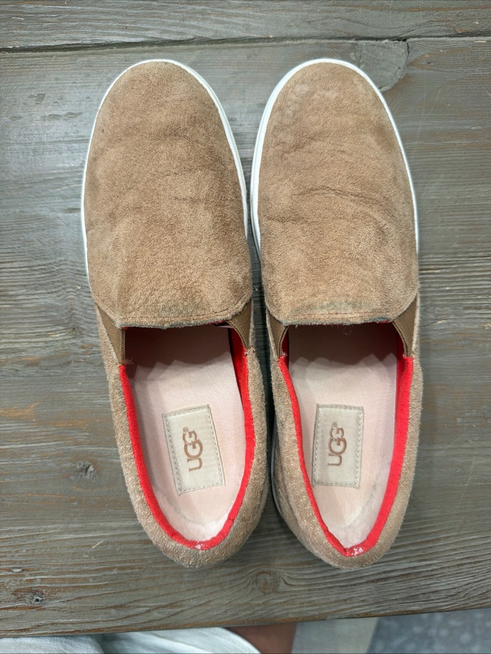 UGG Women's Suede Slip-On Loafers in Light Brown with Red Trim